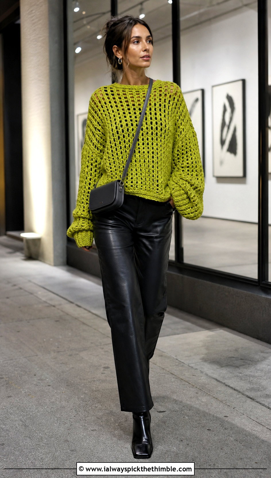 Oversized Crochet Sweater With Leather Pants - 25 crochet sweater women outfit ideas