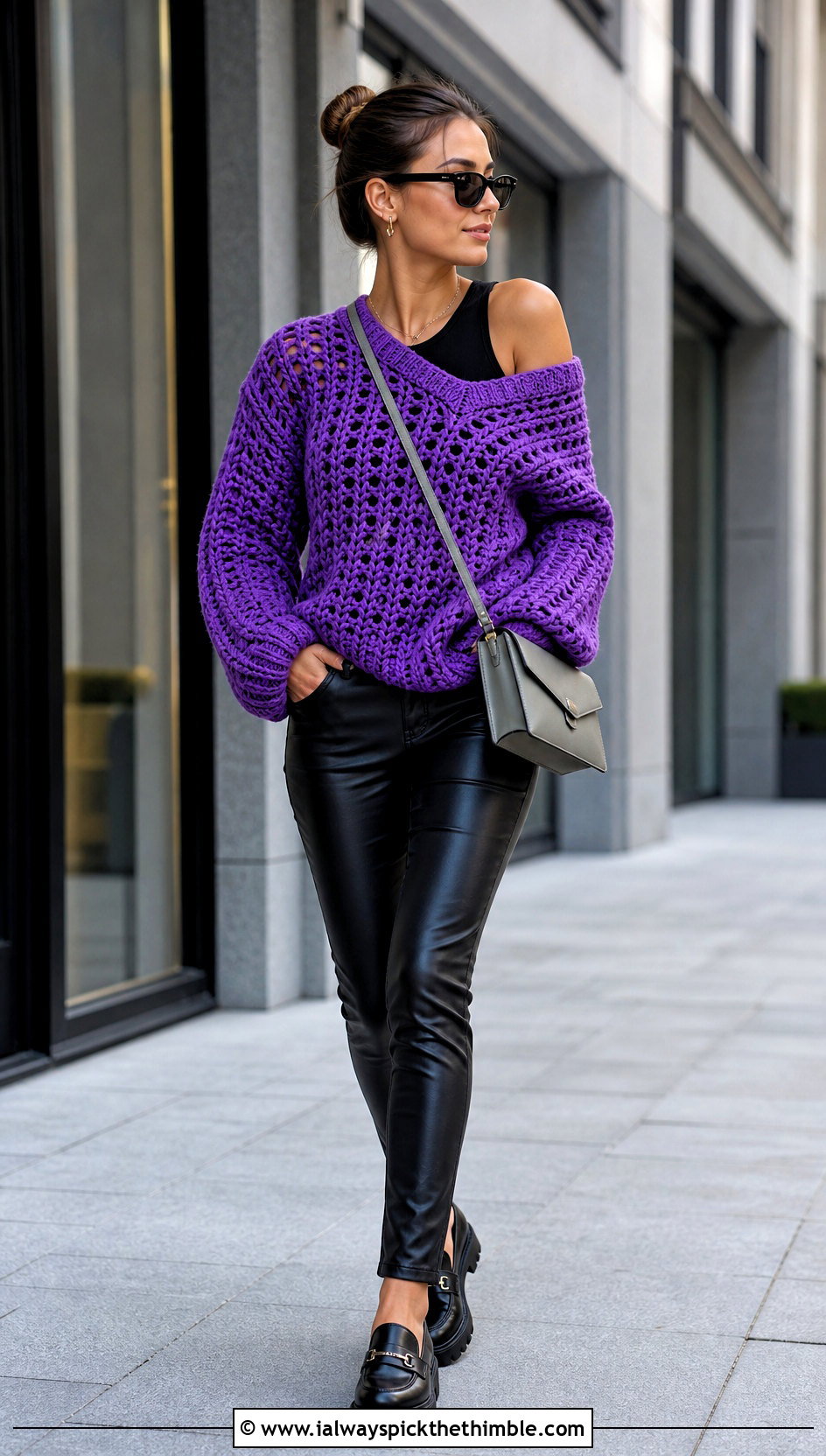 Oversized Crochet Sweater With Leather Pants - 15 Modern Crochet Sweater outfit ideas