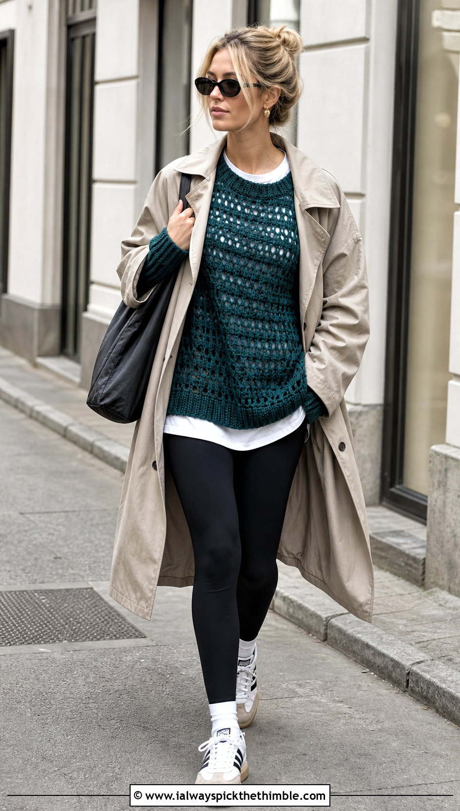 Oversized Crochet Sweater With Leggings And Trench Coat - 25 cute crochet sweater outfit ideas