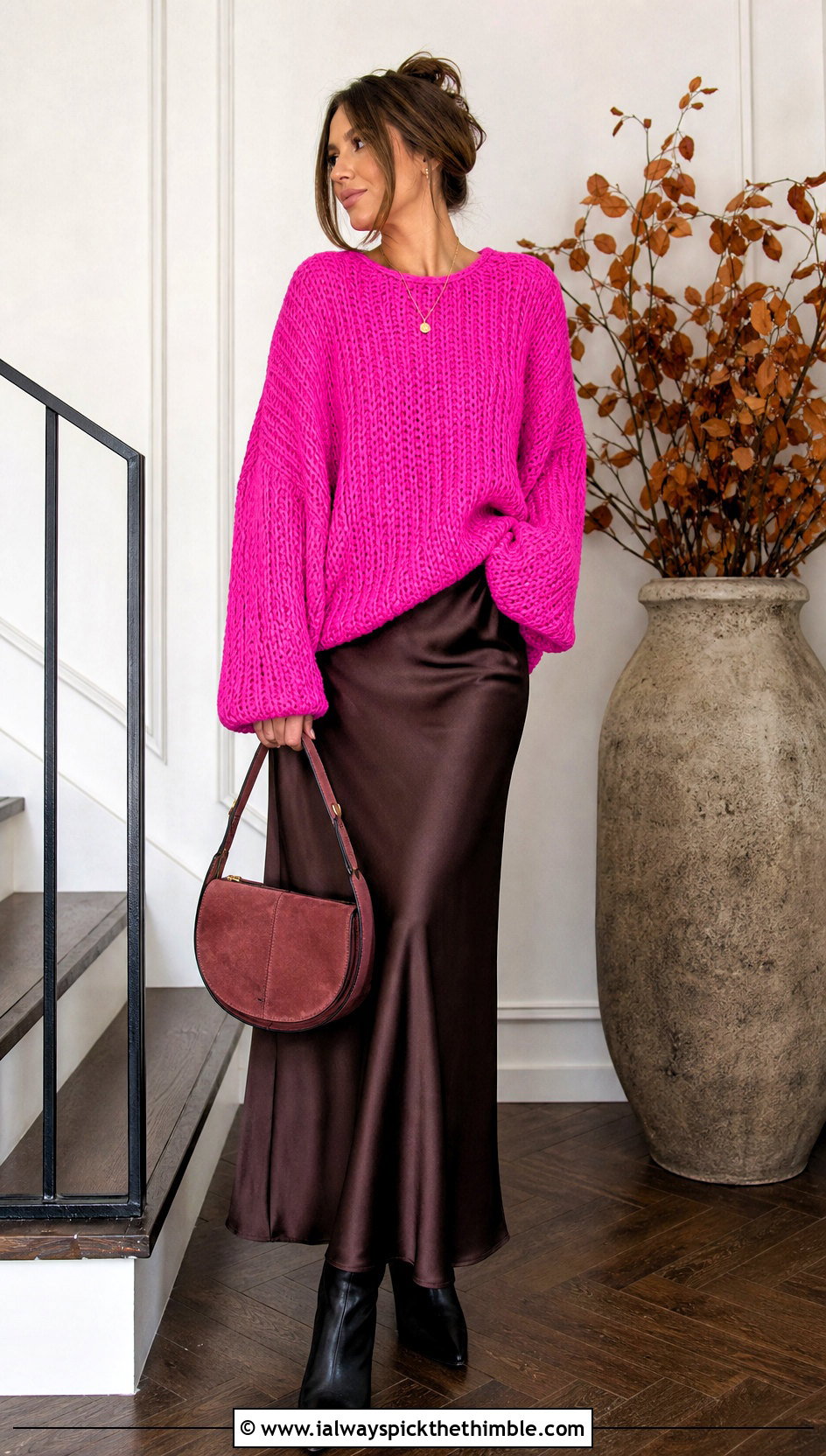 Oversized Crochet Sweater With Satin Slip Skirt - 25 fall crochet clothes and outfit ideas
