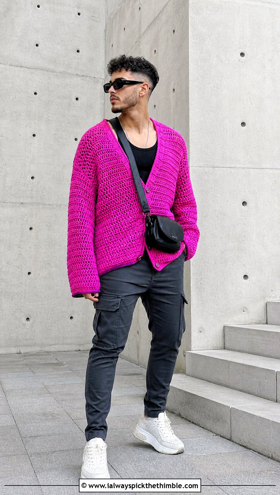 Oversized Crochet Sweater With Slim Cargo Pants - 25 men's crochet sweater ideas