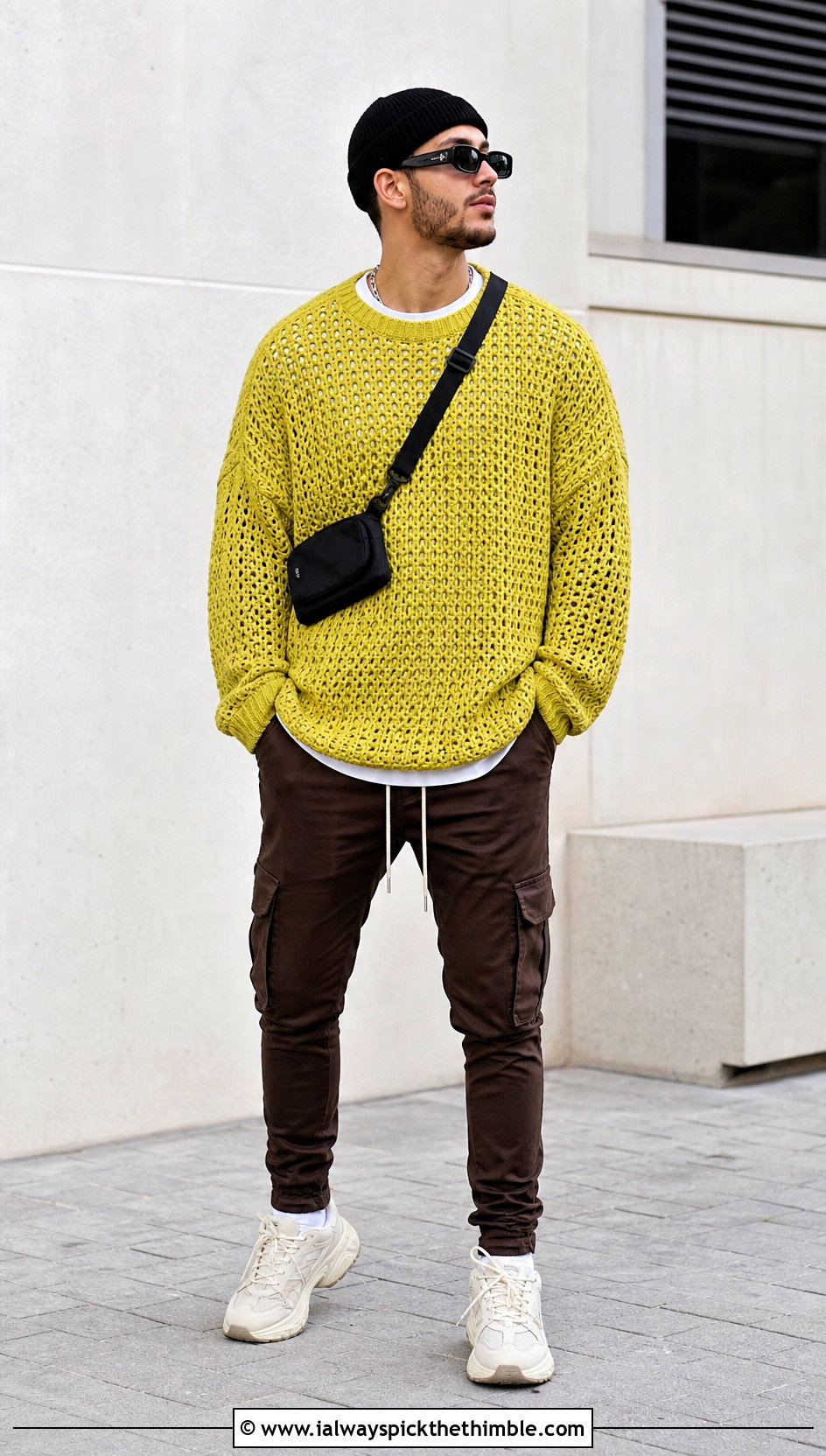Oversized Crochet Sweater With Slim Cargo Pants - 20 men's crochet sweater outfit ideas
