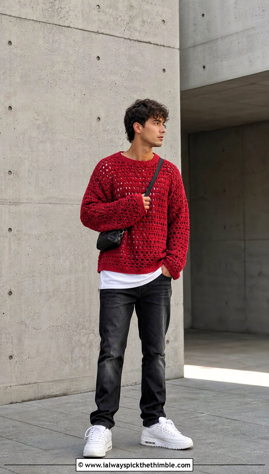 Oversized Crochet Sweater With Slim Jeans - 20 man crochet sweater outfit ideas