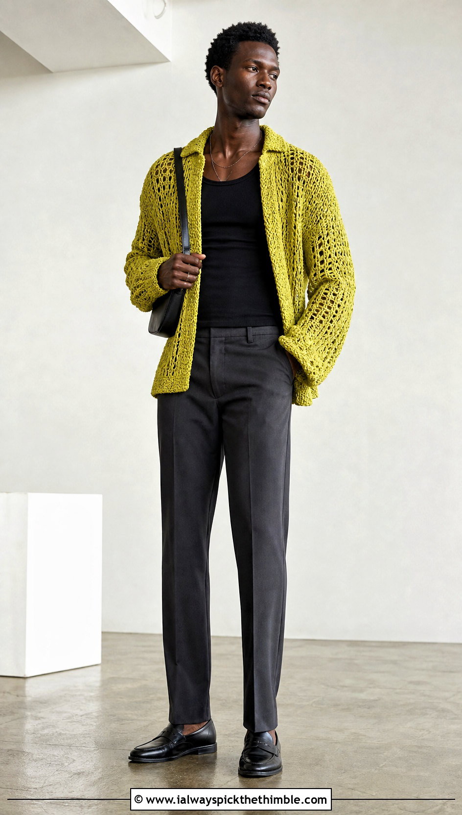 Oversized Crochet Sweater With Slim Trousers - 25 crochet mens sweater outfit ideas
