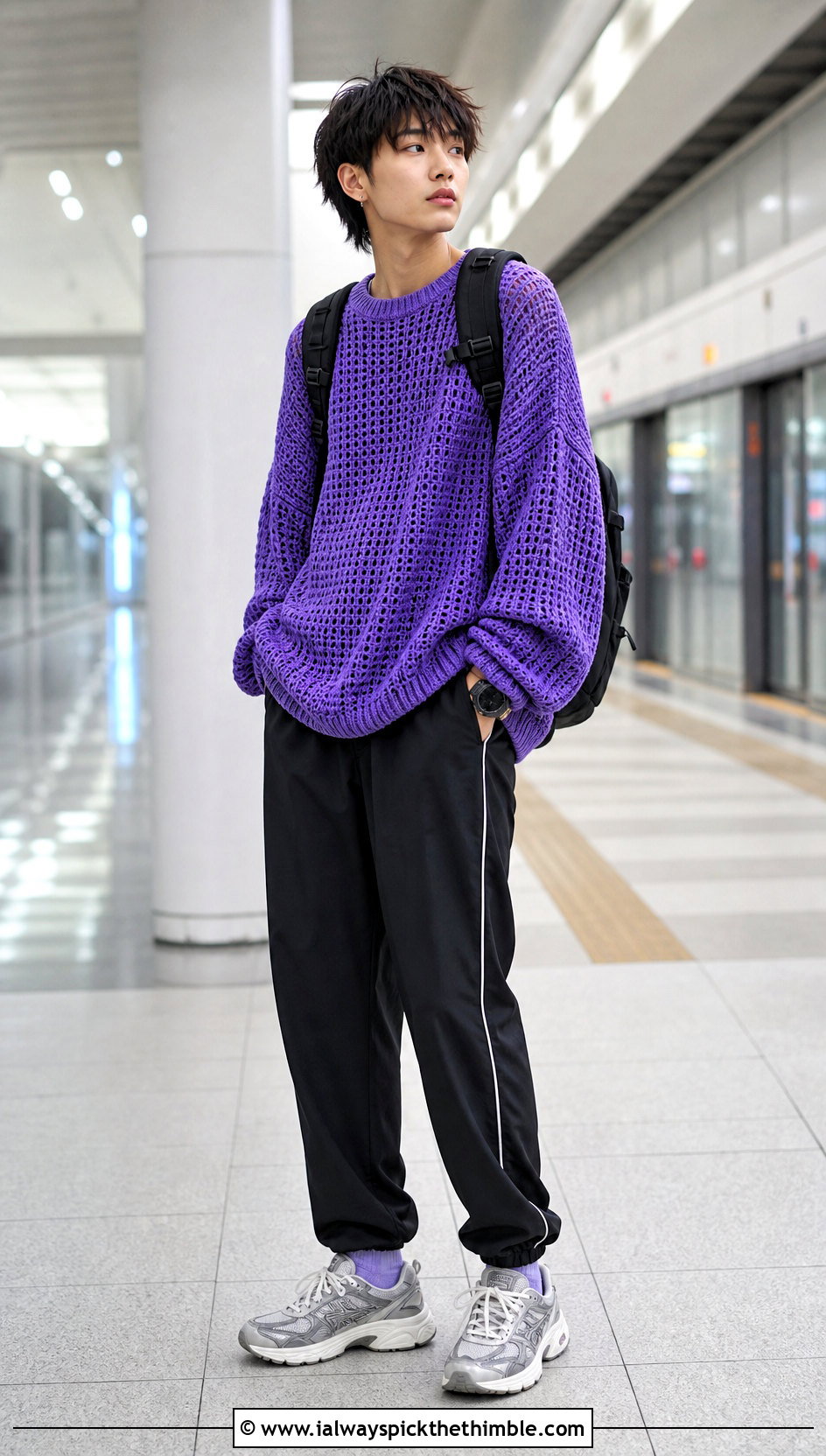 Oversized Crochet Sweater With Track Pants - 20 unisex crochet sweater outfit ideas