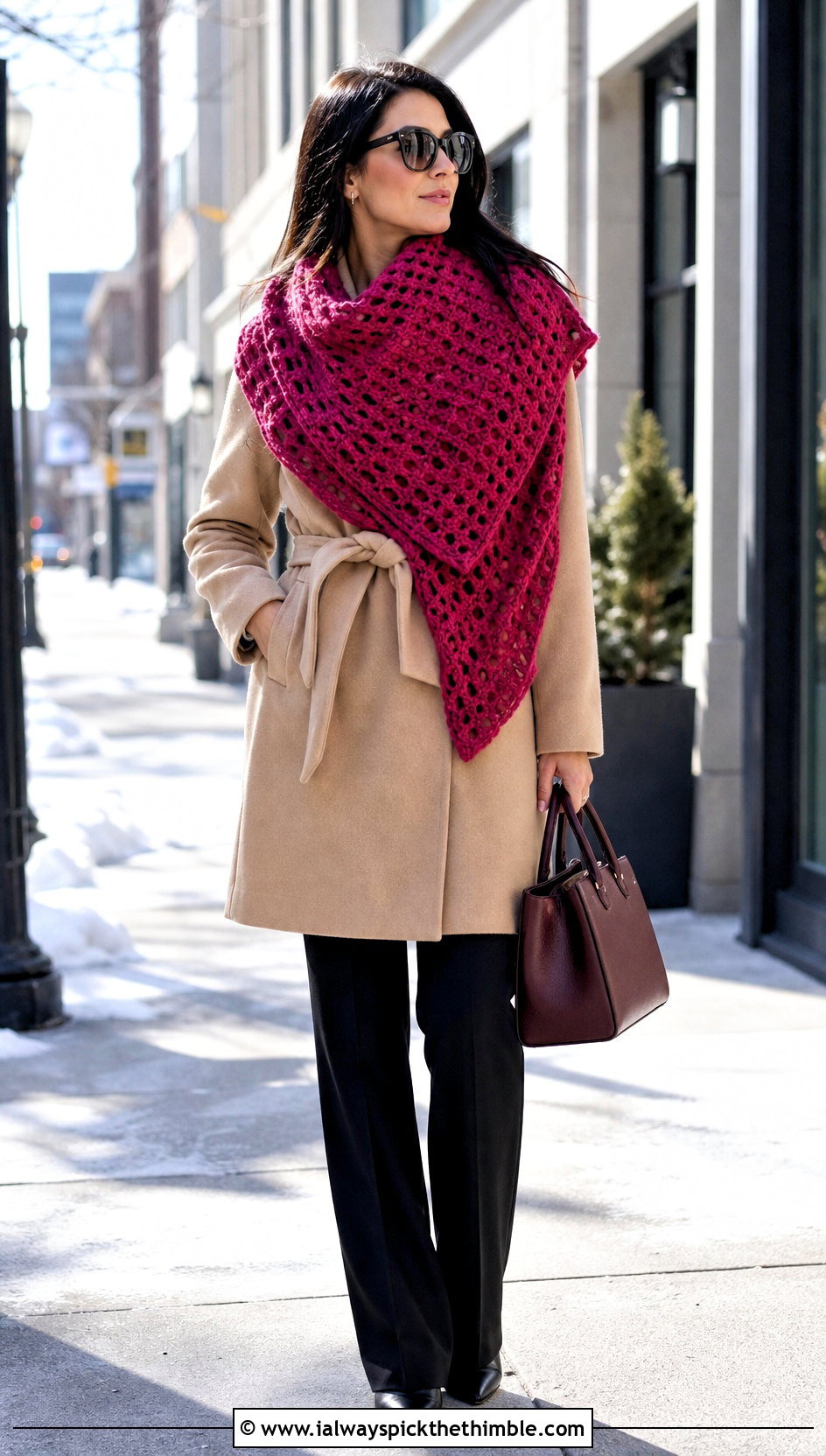 Oversized Crochet Triangle Shawl Scarf With Belted Coat - 25 crochet triangle scarf outfit ideas