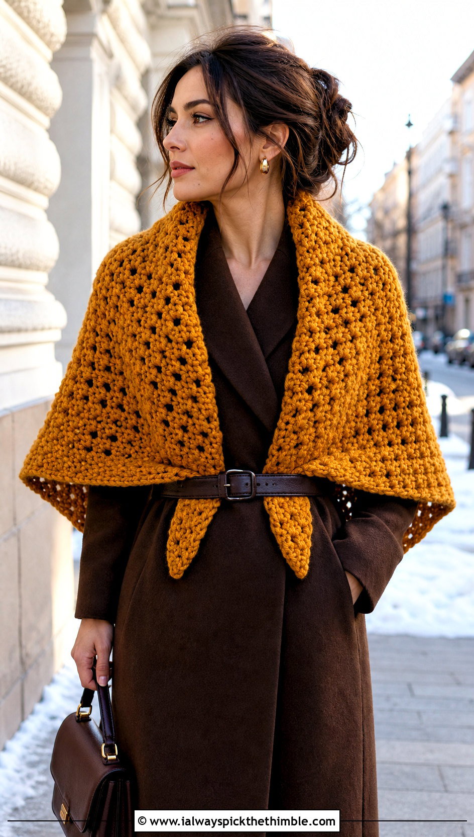 Oversized Crochet Triangle Shawl With Belted Coat Dress - 25 crochet triangle shawl outfit ideas
