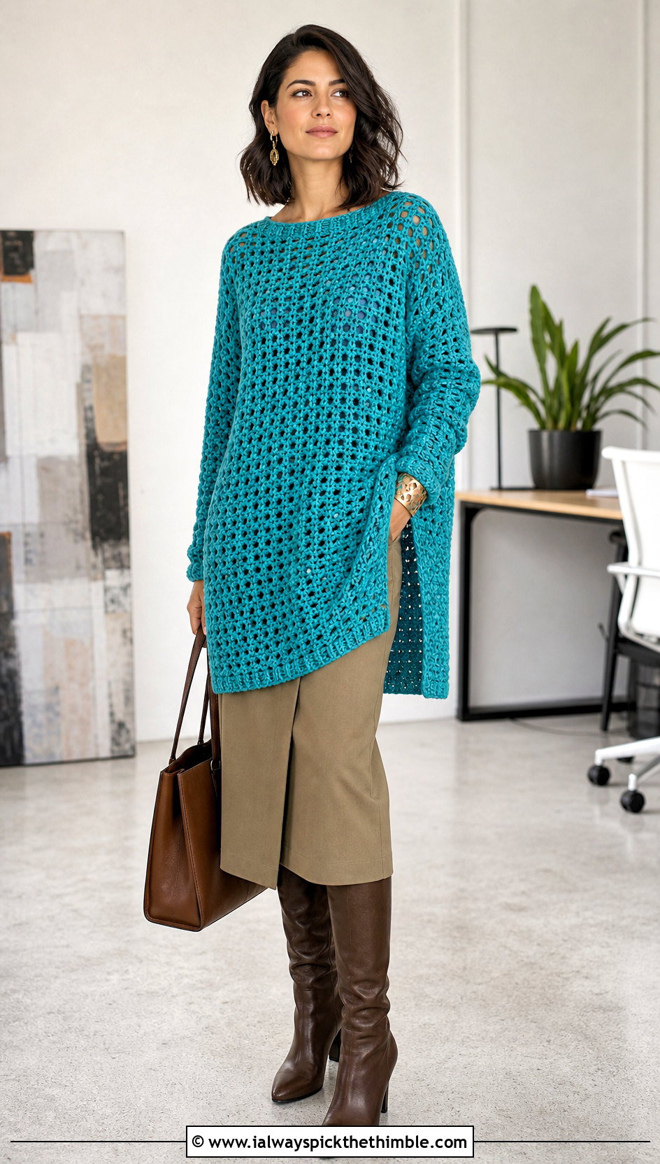 Oversized Crochet Tunic Top With Tailored Midi Skirt - 20 aesthetic long sleeve crochet tops outfit ideas