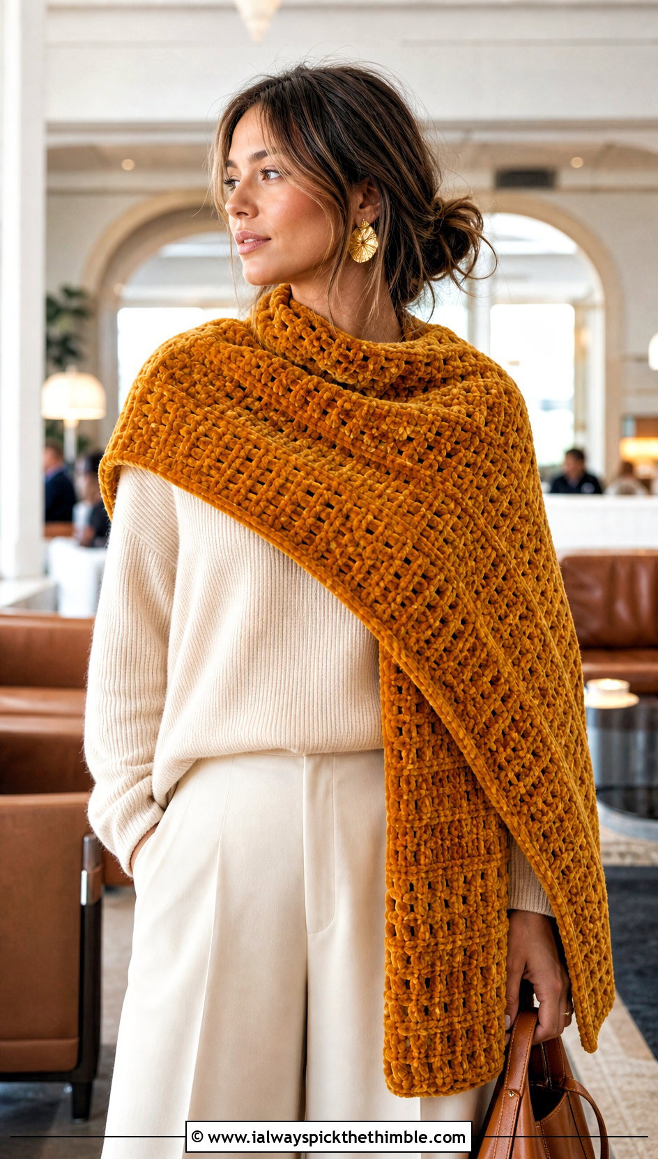 Oversized Crochet Velvet Wrap Scarf With Monochrome Outfit - 20 Crochet Velvet Scarf outfit ideas