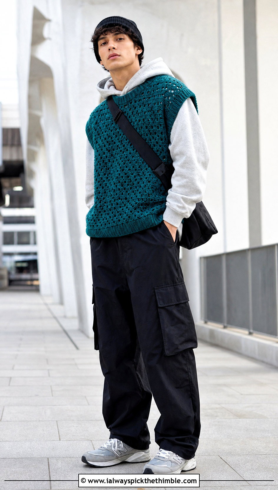 Oversized Crochet Vest With Hoodie And Cargo Pants - 20 mens crochet vest outfit ideas