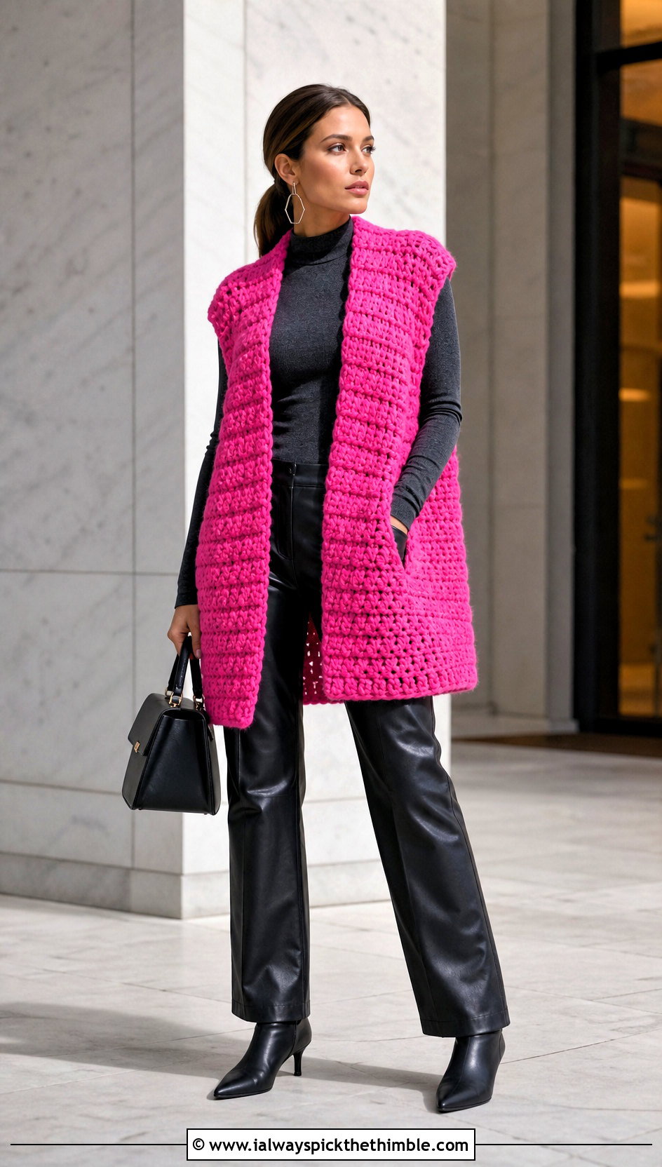 Oversized Crochet Vest With Leather Pants - 25 diy crochet vest outfit ideas