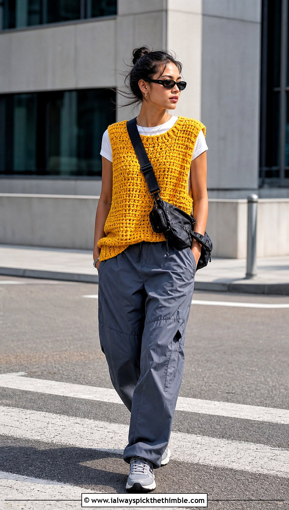 Oversized Crochet Vest With Parachute Pants - 25 crochet vest woman outfit ideas