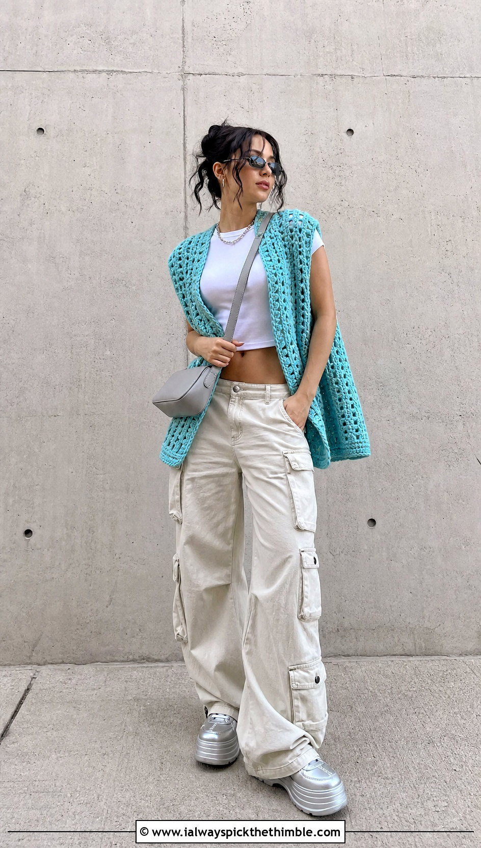 Oversized Crochet Waistcoat With Cargo Pants - 25 crochet waist coat outfit ideas