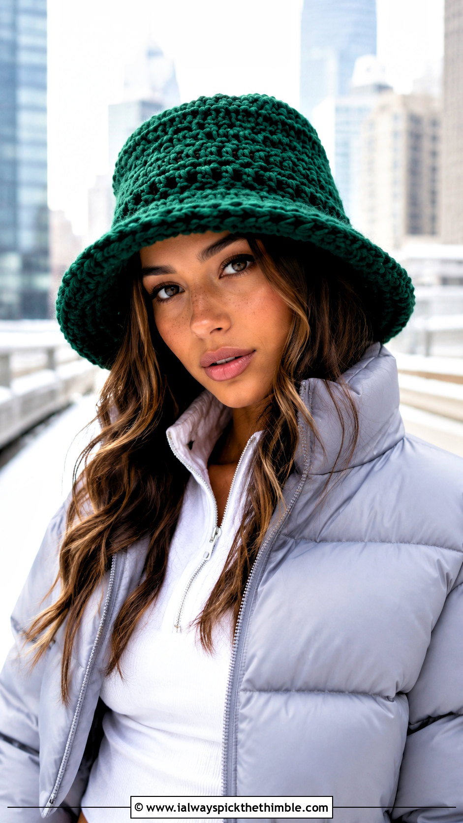 Oversized Crochet Winter Bucket Hat With Cropped Puffer - 25 crochet winter bucket hat outfit ideas