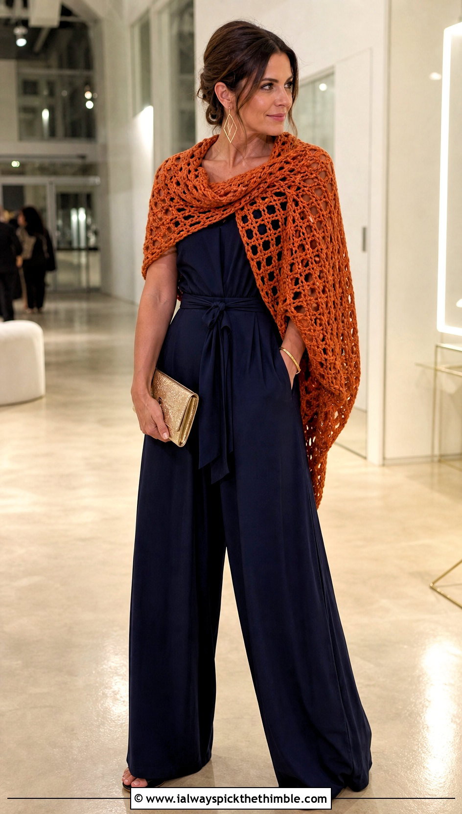 Oversized Crochet Wrap Scarf With Jumpsuit - 15 Super Bulky Crochet Scarf outfit ideas