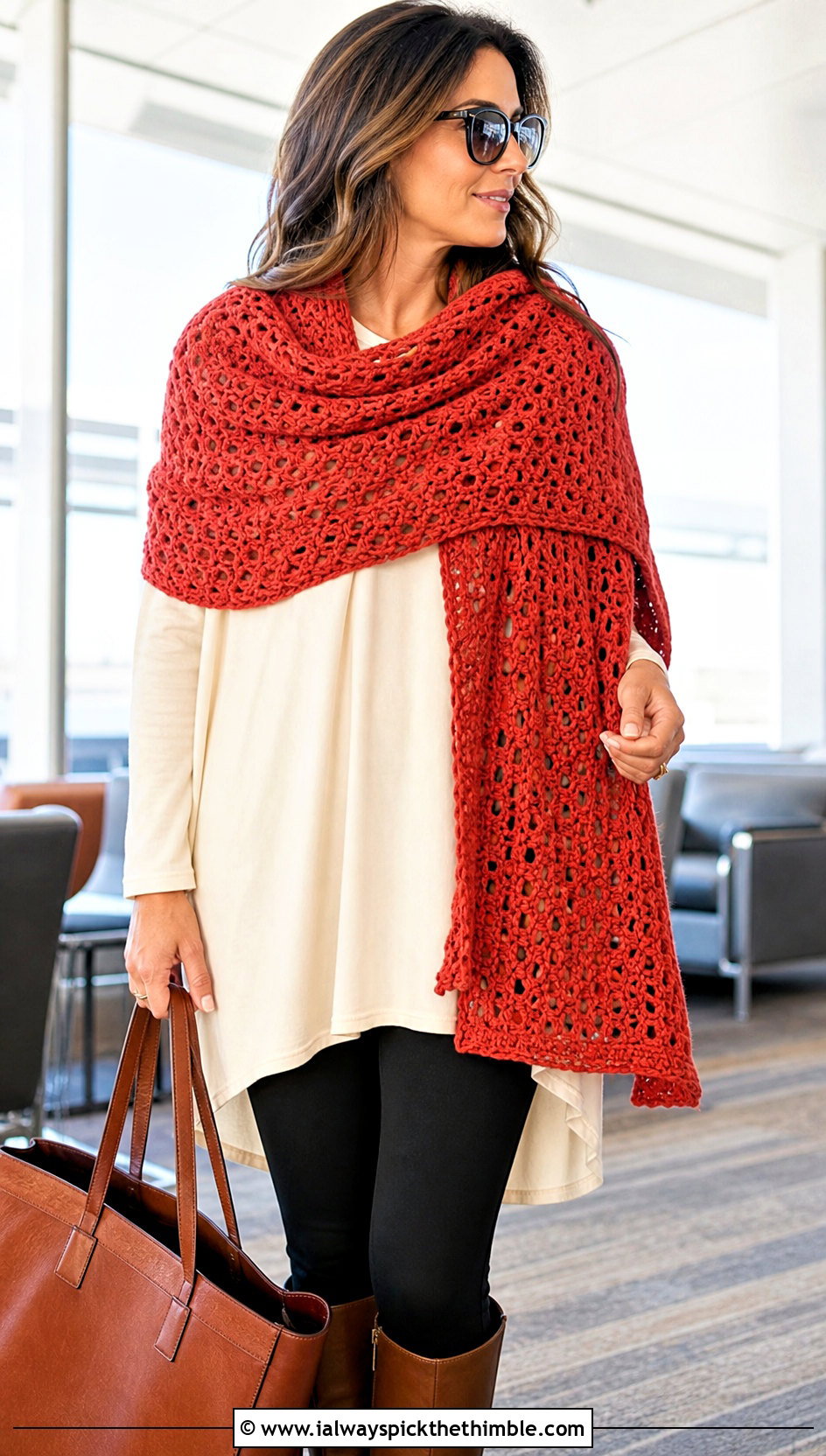 Oversized Crochet Wrap Scarf With Leggings - 25 crochet scarves outfit ideas