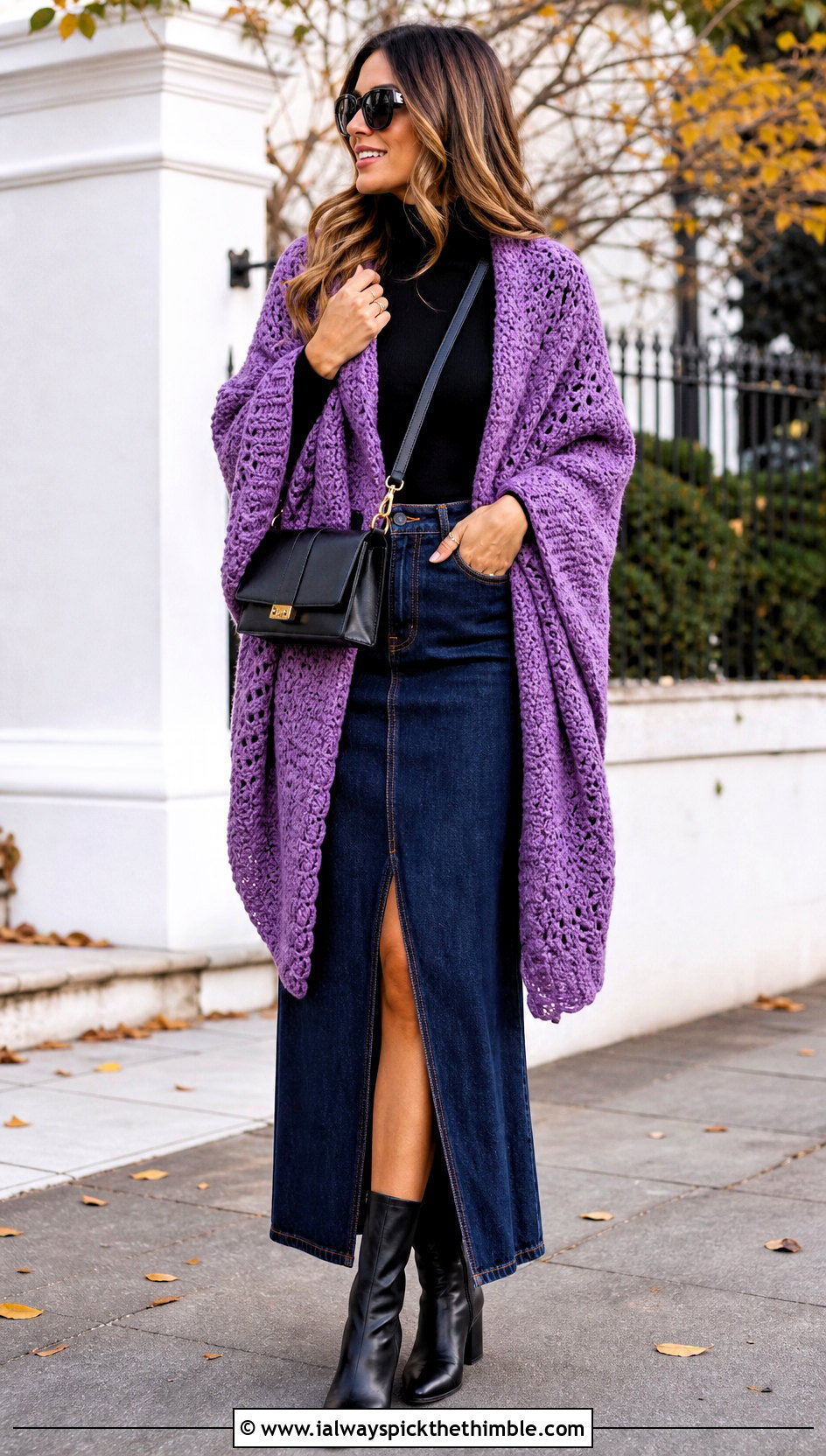 Oversized Crochet Wrap Shawl With Denim Maxi Skirt - 20 Crochet A Shawl outfit ideas