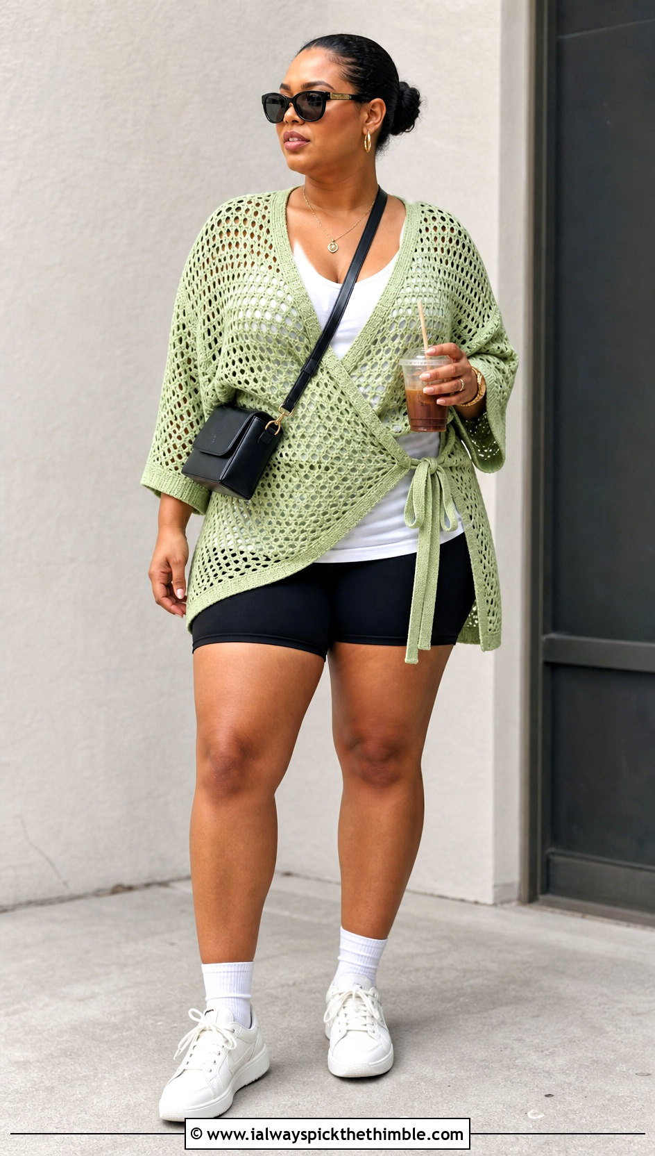 Oversized Crochet Wrap Shirt With Bike Shorts - 20 crochet wrap shirt outfit ideas