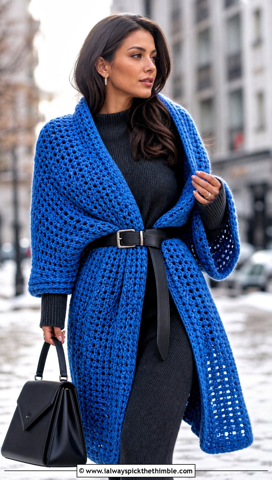 Oversized Crochet Wrap With Sweater Dress - 25 easy simple crochet shawl outfit ideas