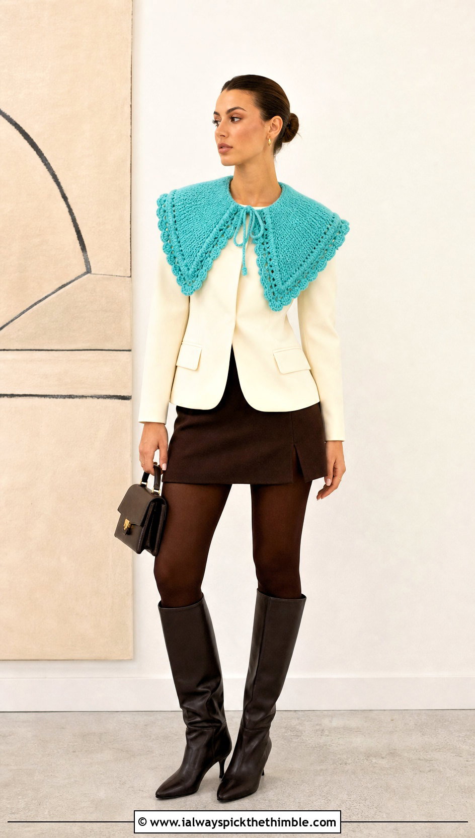 Oversized Crocheted Bib Collar With Blazer And Mini Skirt - 15 Crocheted Collars outfit ideas