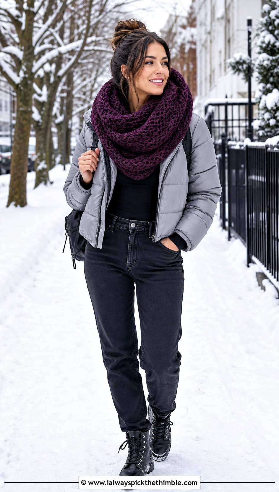 Oversized Crocheted Infinity Scarf With Puffer Jacket - 20 Crocheted Infinity Scarf outfit ideas