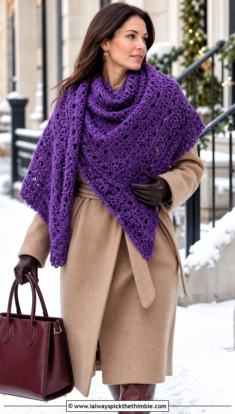Oversized Crocheted Triangle Shawl Scarf With Belted Coat And Tall Boots - 20 Crocheted Triangle Scarf outfit ideas