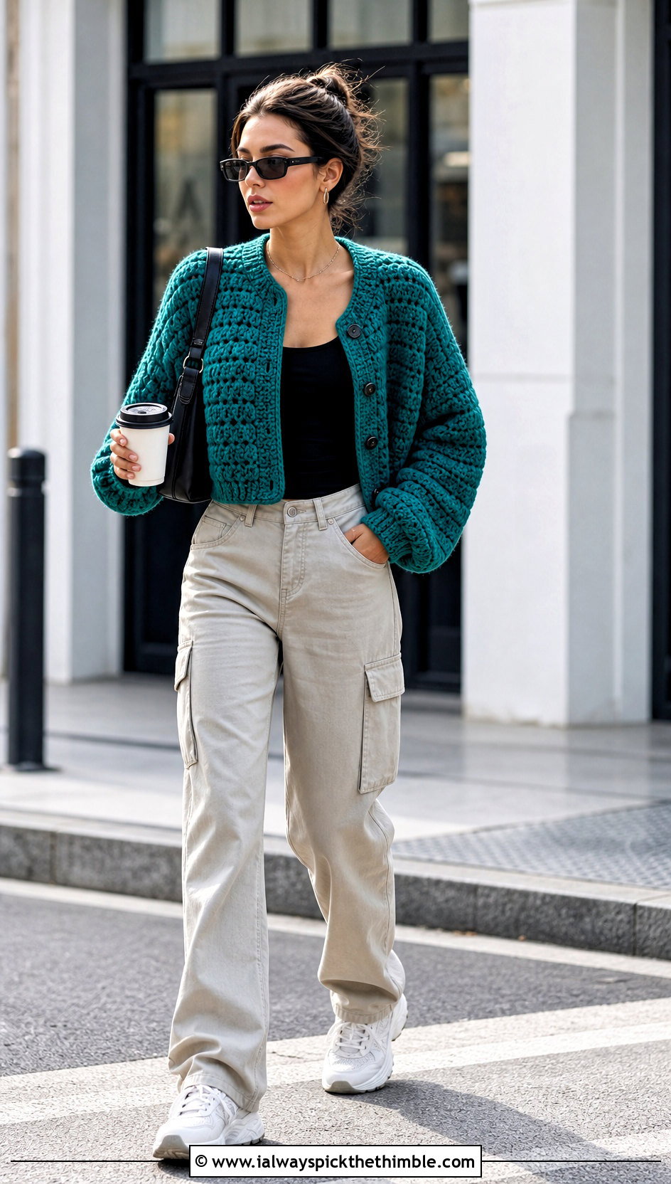 Oversized Cropped Boxy Crochet Cardigan With Cargo Pants - 20 oversized chunky crochet cardigan outfit ideas