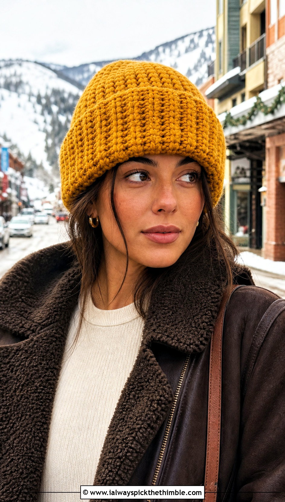 Oversized Cuff Crochet Ribbed Beanie With Shearling Jacket - 25 crochet ribbed beanie outfit ideas