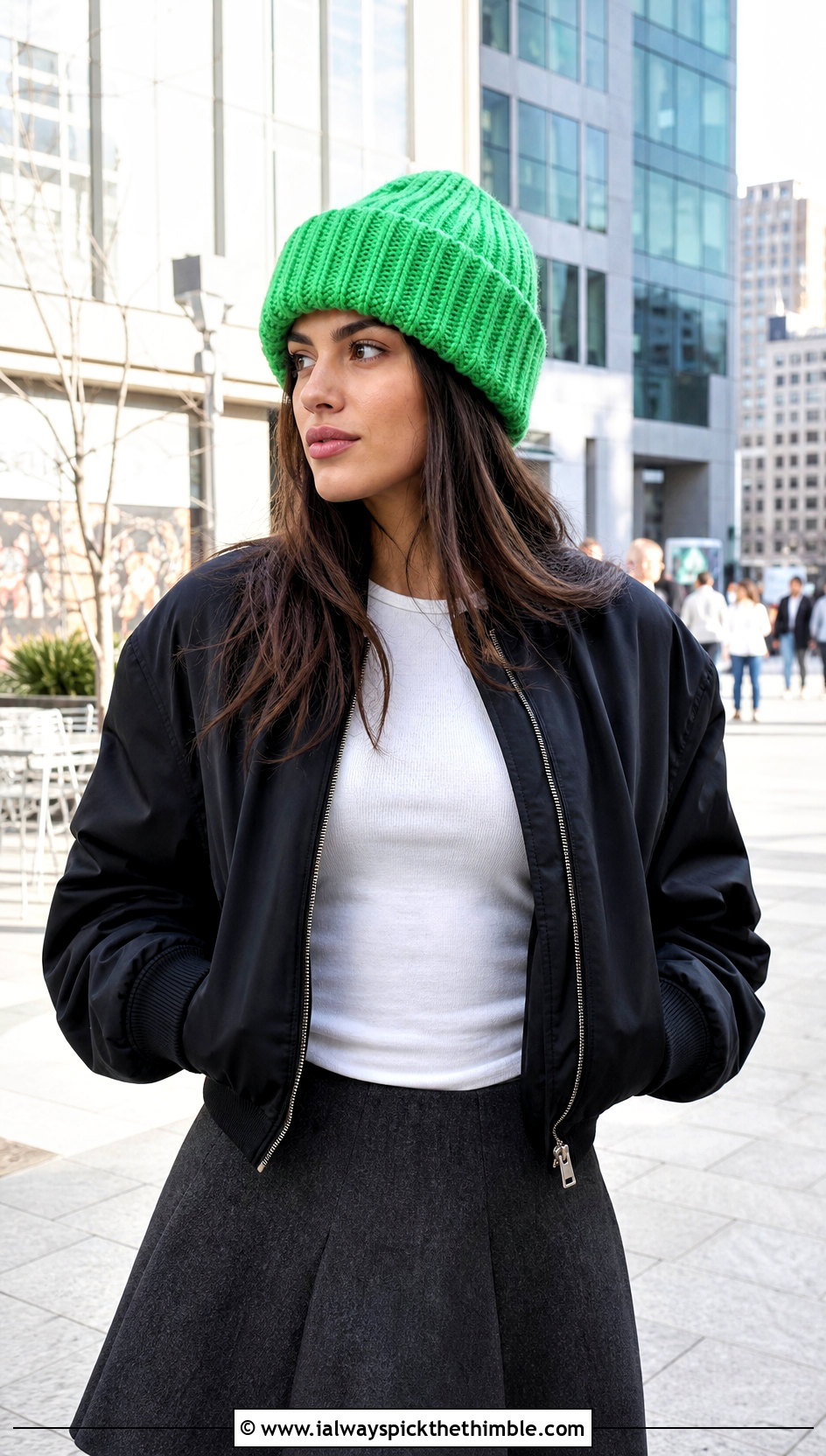 Oversized Cuff Knit Look Crochet Beanie With Bomber Jacket - 20 knit look crochet beanie outfit ideas