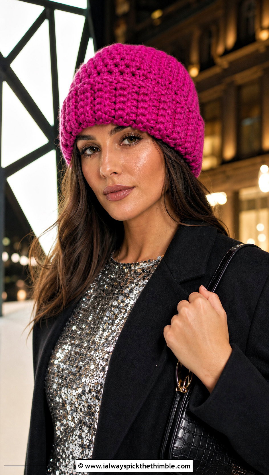 Oversized Cuff Single Crochet Beanie With Sequin Top And Tailored Pants - 15 Sc Crochet Beanie outfit ideas
