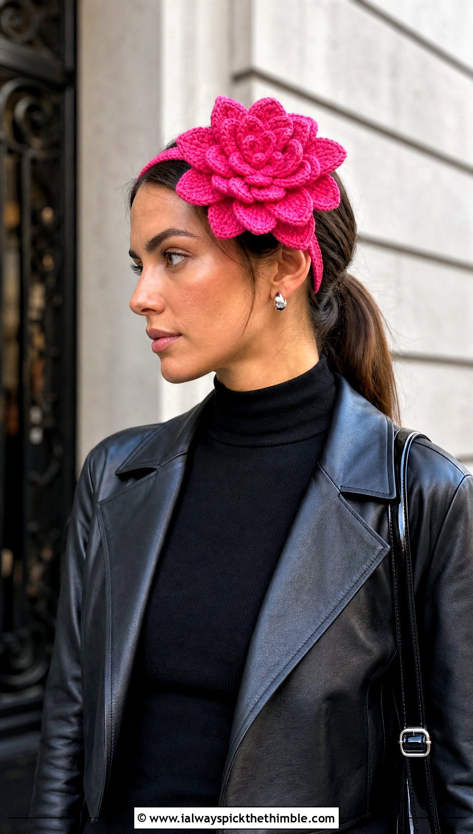 Oversized Dahlia Crochet Flower Headband With Elastic And Leather Outfit - 15 crochet flower headband with elastic outfit ideas