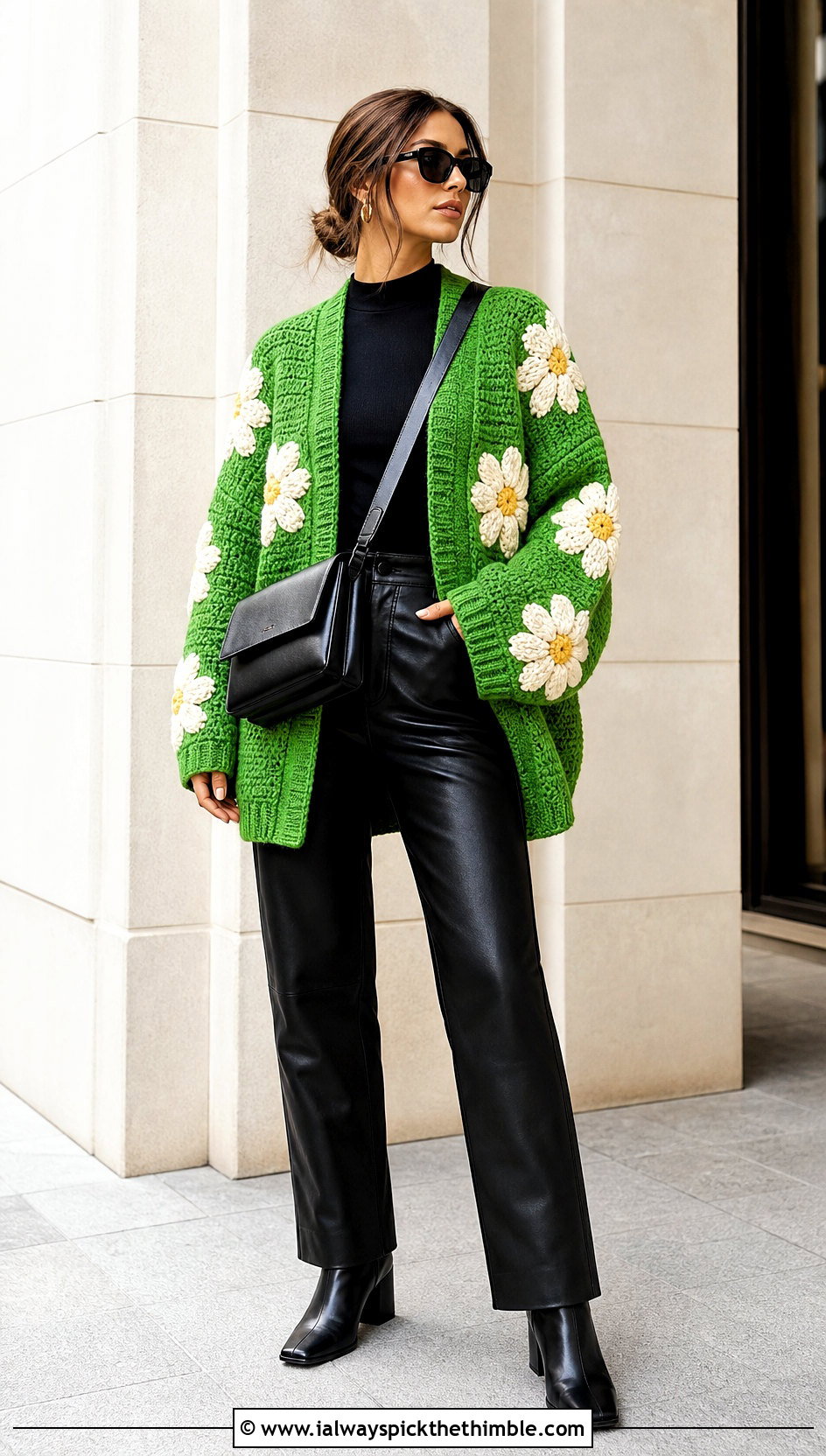 Oversized Daisy Cardigan With Leather Pants - 25 Crochet Daisy Cardigan outfit ideas