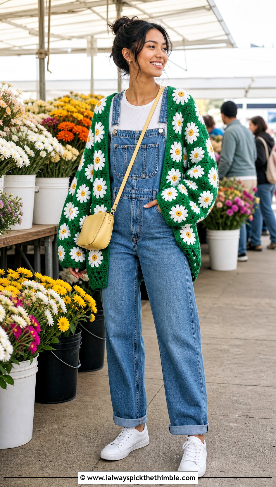 Oversized Daisy Cotton Granny Square Cardigan With Denim Overalls - 20 cotton granny square cardigan outfit ideas