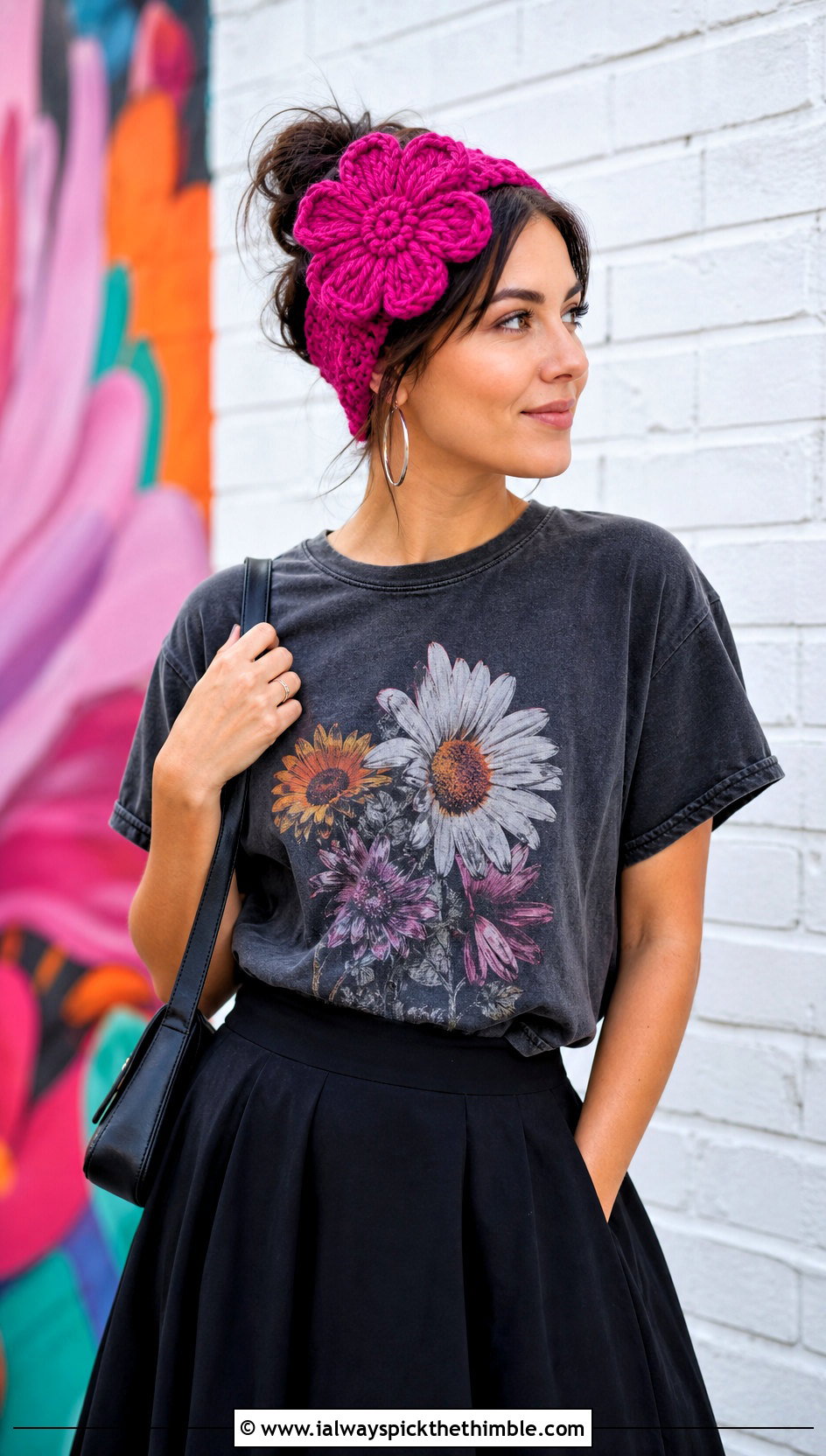 Oversized Daisy Crochet Headband With Graphic Tee And Midi Skirt - 20 Crochet Daisy Headband outfit ideas
