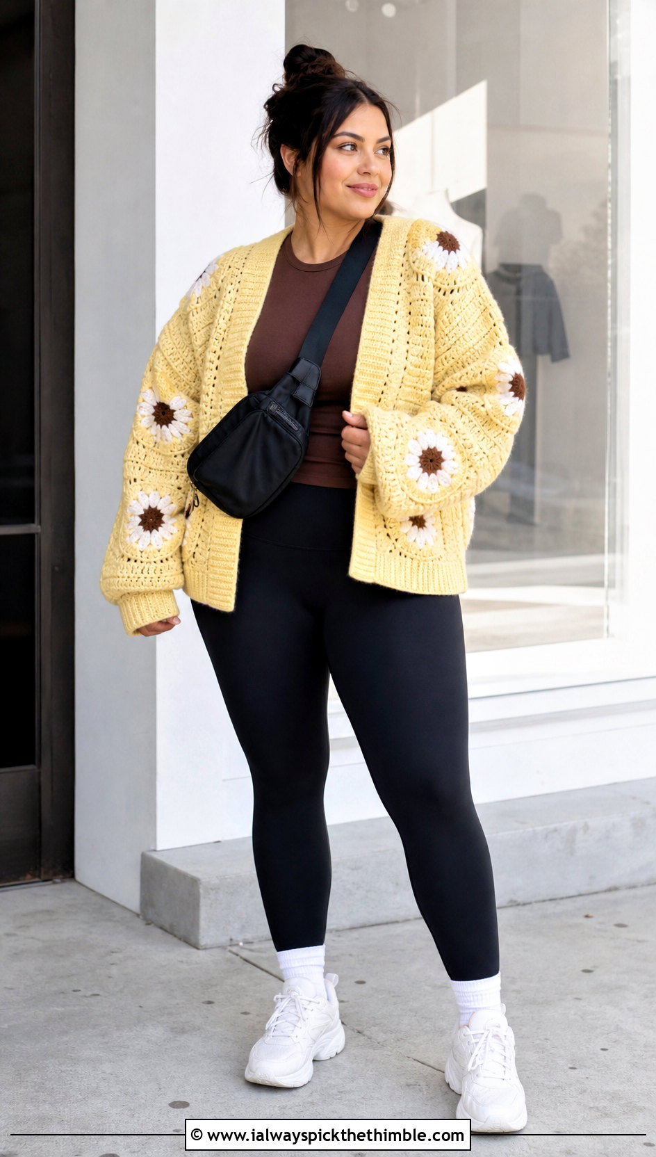 Oversized Daisy Granny Square Cardigan With Black Leggings - 20 Daisy Granny Square Cardigan outfit ideas