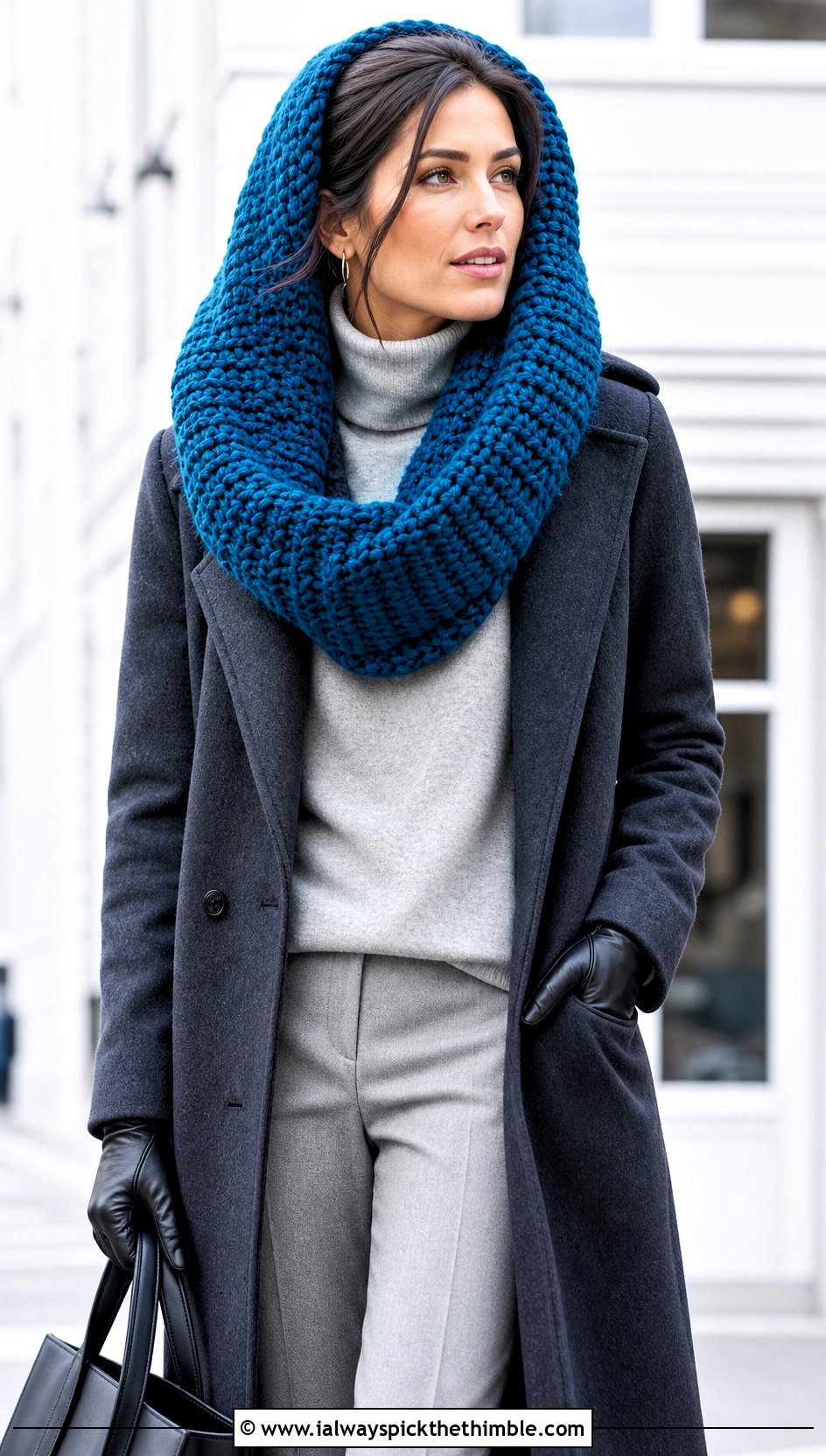 Oversized Deep Cowl Hooded Scarf With Monochrome Coat Outfit - 20 crochet scarf hood outfit ideas