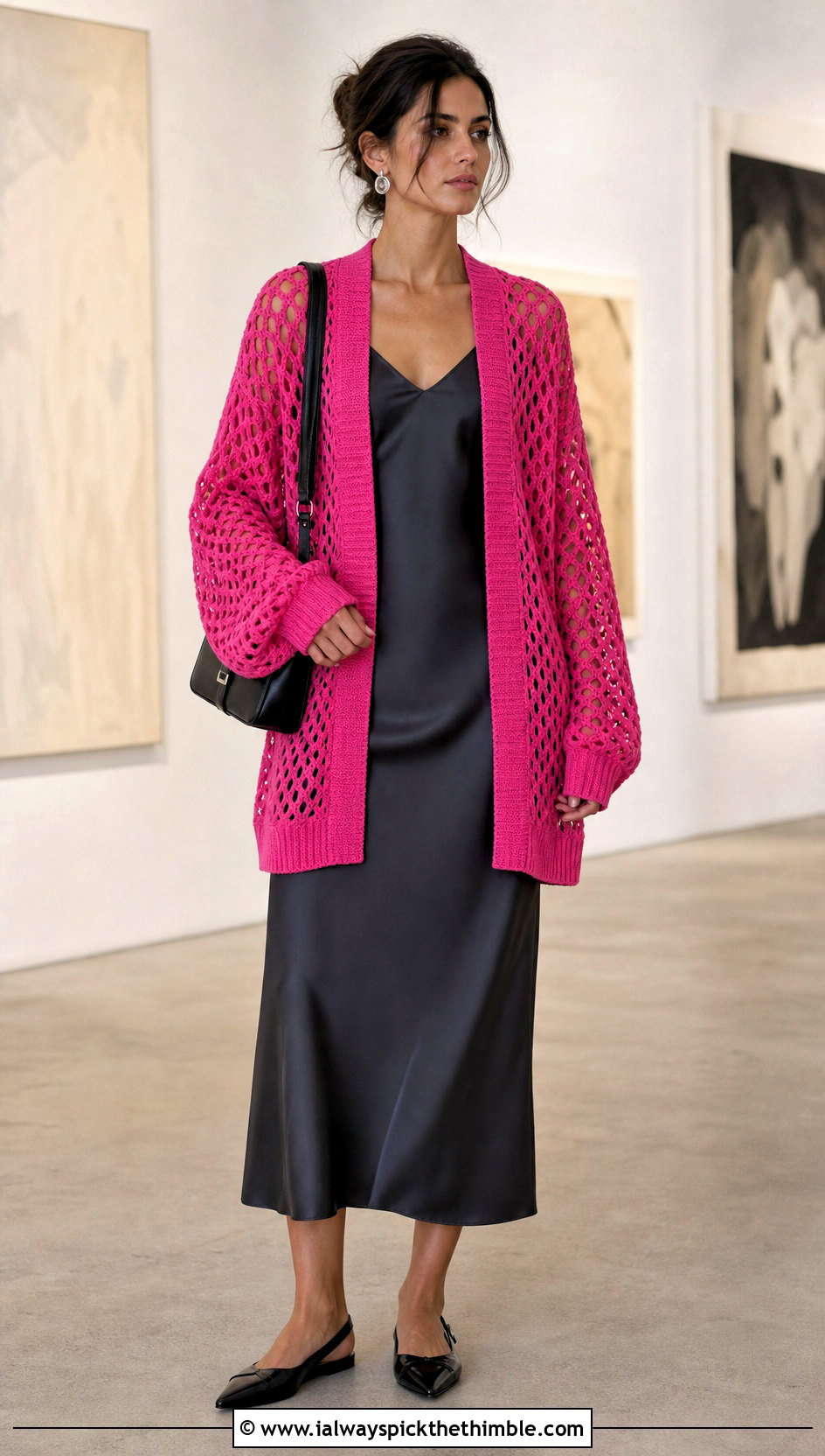 Oversized Diamond Mesh Crochet Cardigan With Slip Dress - 25 crochet mesh cardigan outfit ideas