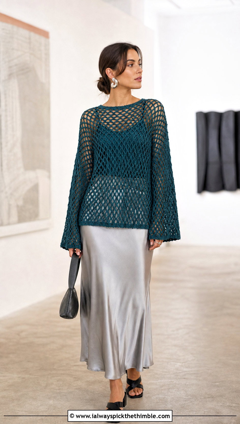 Oversized Diamond Mesh Stitch Crochet Top With Satin Slip Skirt - 20 Diamond Mesh Stitch Crochet Top outfit ideas
