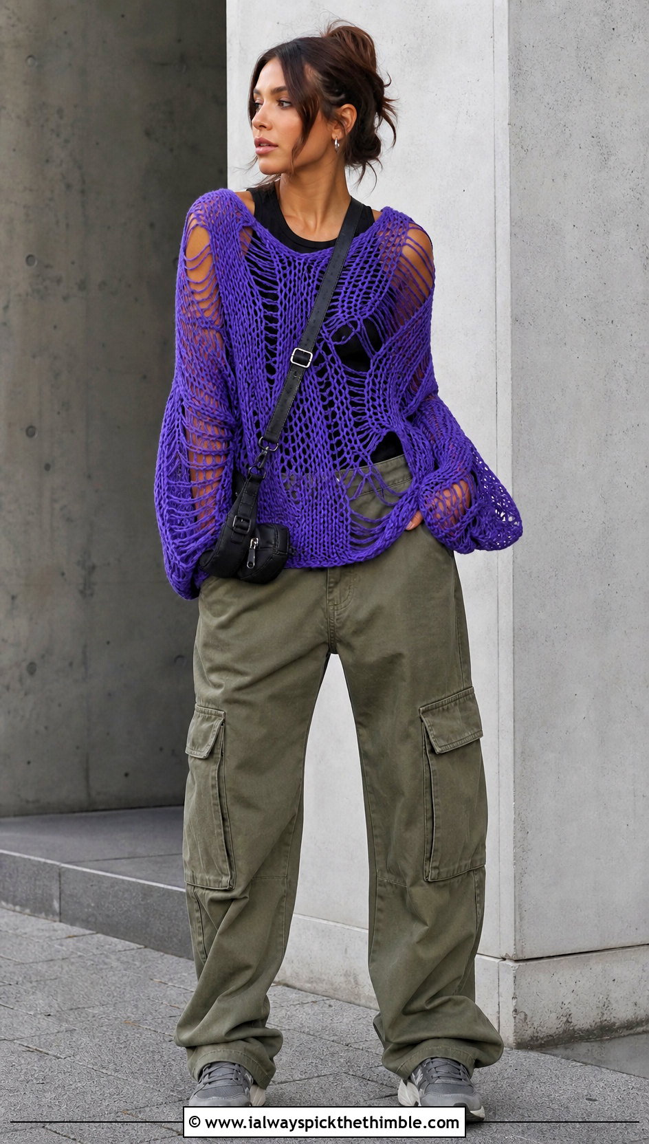 Oversized Distressed Crochet Mesh Jumper With Cargo Pants - 20 crochet mesh jumper outfit ideas