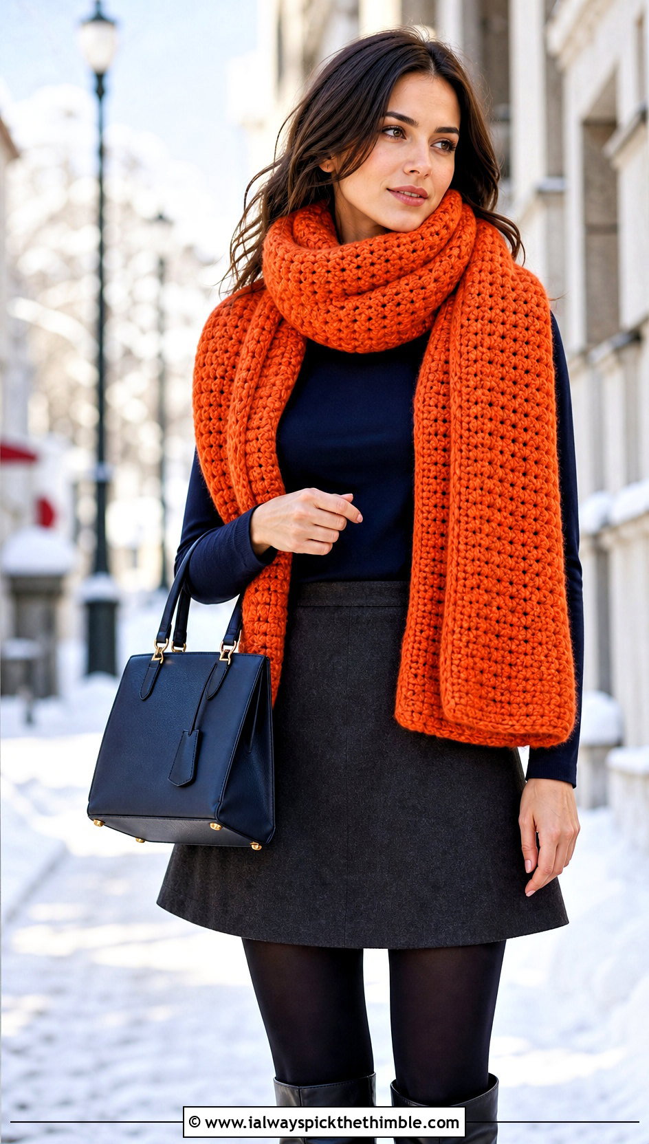 Oversized Double Sleeve Scarf With Mini Skirt And Boots - 20 crochet double sleeve scarf outfit ideas