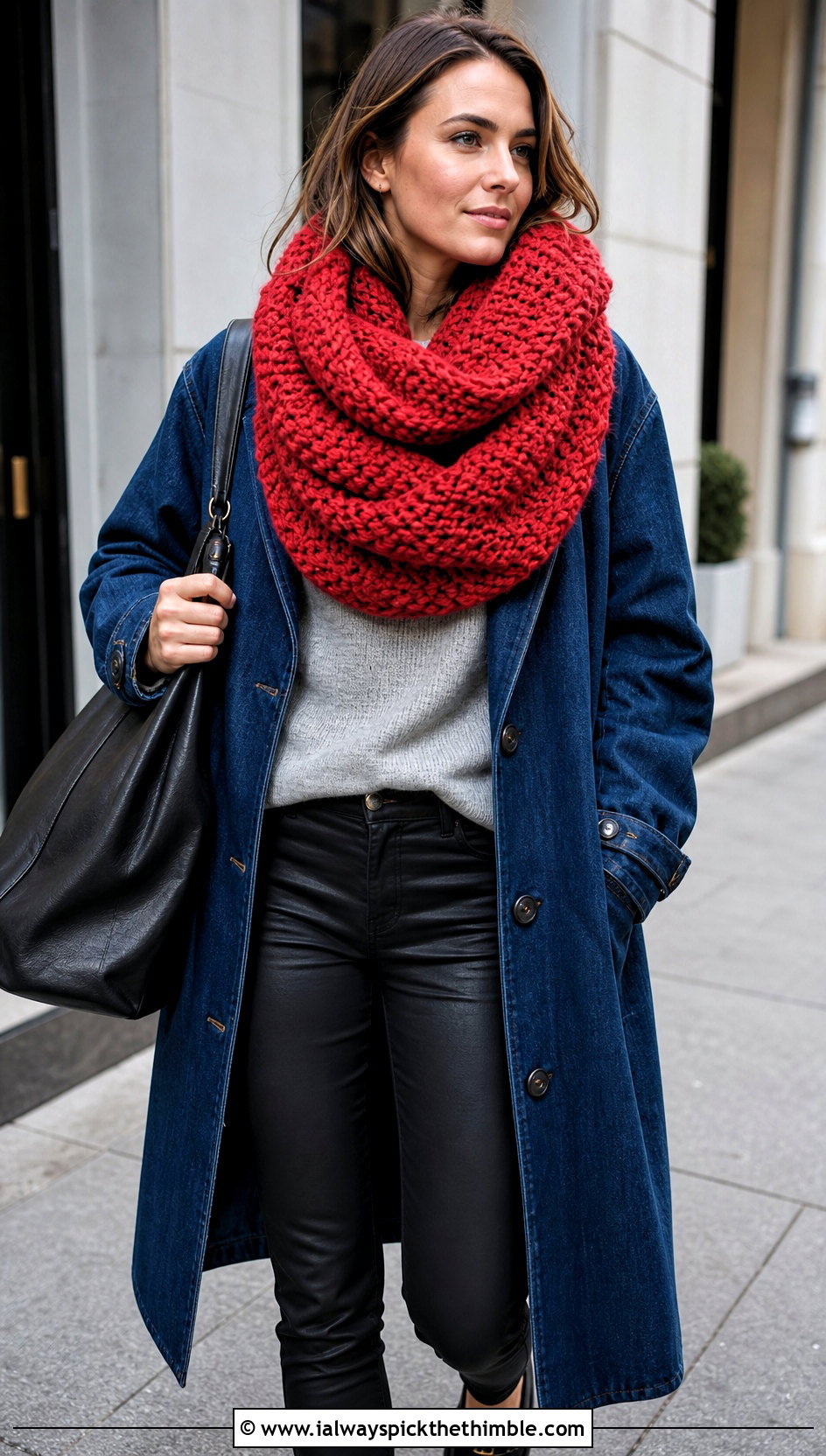 Oversized Double Wrap Infinity Crochet Scarf With Denim Coat - 15 Infinity Crochet Scarf outfit ideas