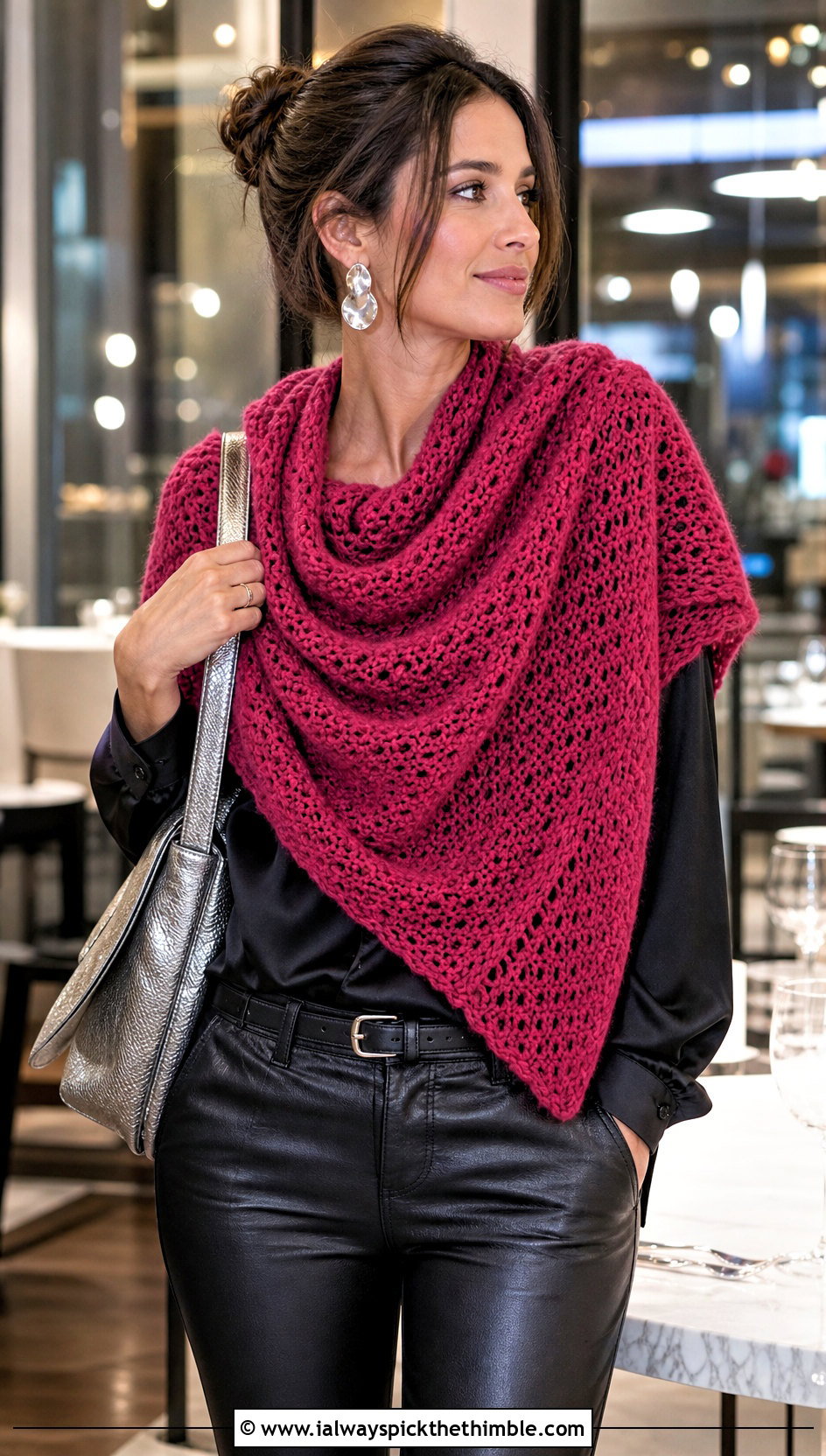 Oversized Draped Crochet Cowl With Satin Blouse And Leather Pants - 20 cowl crochet scarf outfit ideas