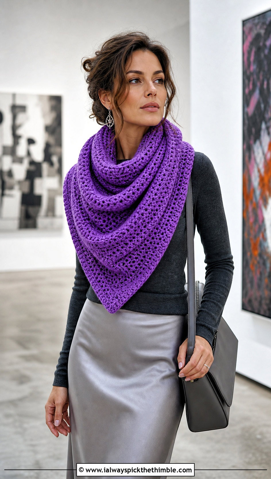 Oversized Draped Crochet Cowl With Satin Skirt - 25 crochet cowl neck warmer outfit ideas