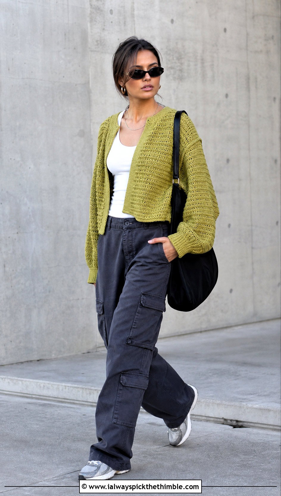 Oversized Drop Shoulder Bottom Up Crochet Sweater With Cargo Pants - 20 bottom up crochet sweater outfit ideas