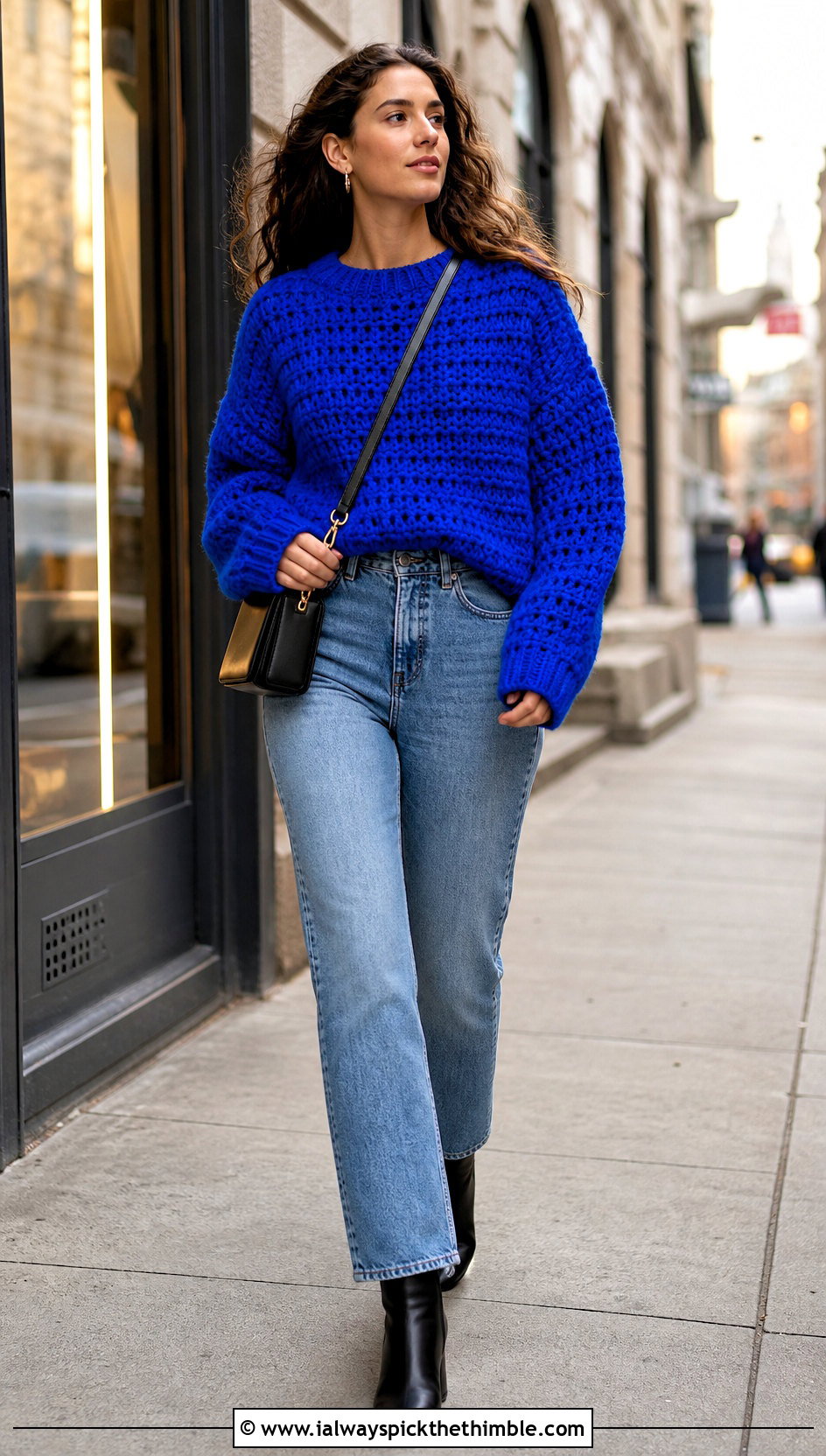 Oversized Drop Shoulder Bulky Yarn Crochet Sweater With Straight Leg Jeans - 20 bulky yarn crochet sweater outfit ideas