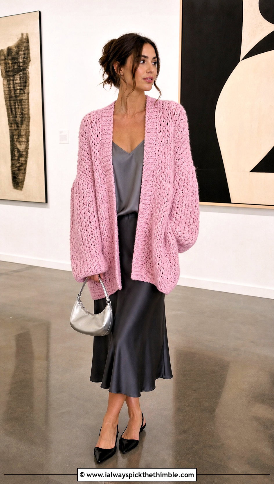 Oversized Drop Shoulder Crochet Chenille Cardigan With Satin Midi Skirt - 20 crochet chenille cardigan outfit ideas