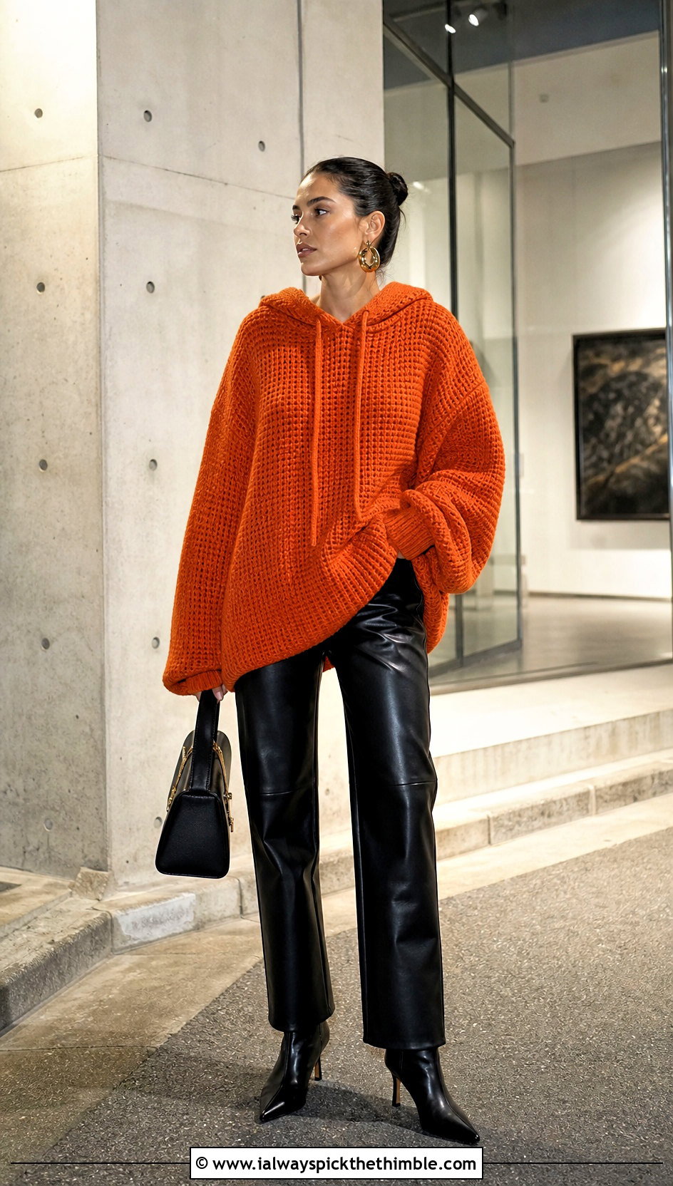 Oversized Drop Shoulder Crochet Hoodie With Leather Pants - 20 oversized crochet hoodie outfit ideas