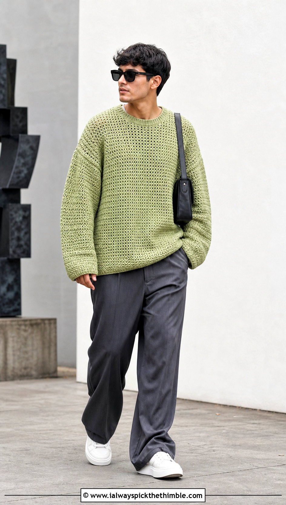 Oversized Drop Shoulder Crochet Mens Pullover With Wide Leg Pants - 15 crochet mens pullover outfit ideas