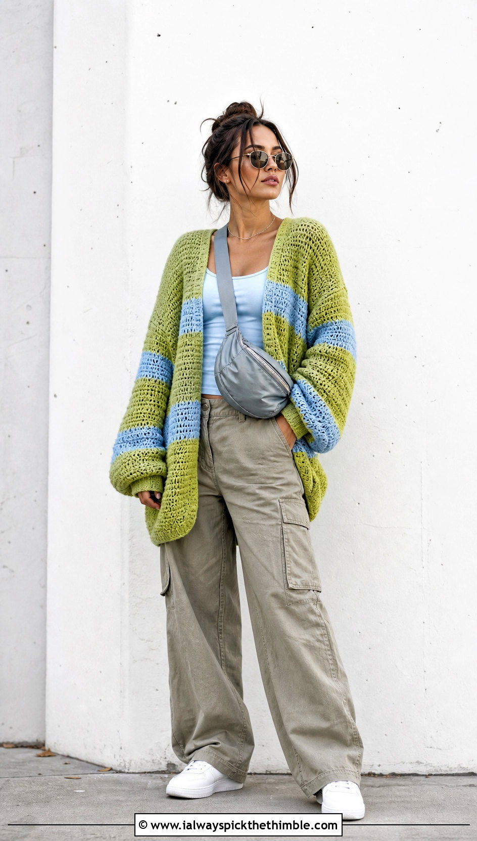 Oversized Drop Shoulder Crochet Striped Sweater With Cargo Pants - 15 Crochet Stripped Sweater outfit ideas