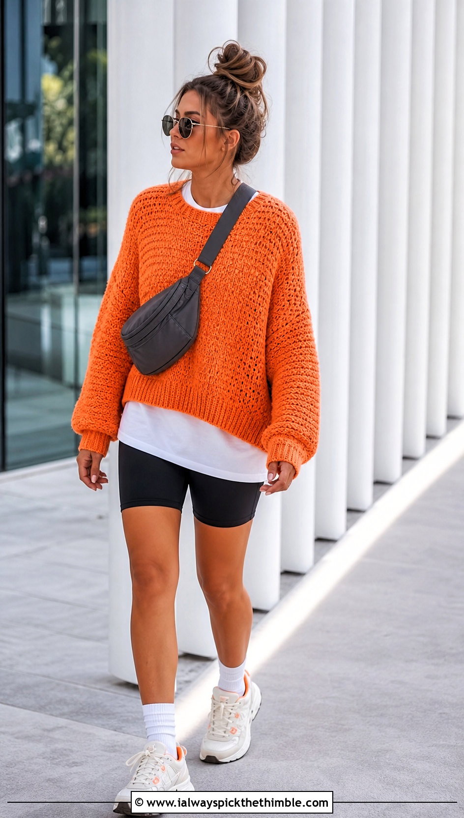 Oversized Drop Shoulder Crochet Sweater With Biker Shorts - 20 Funky Crochet Sweater outfit ideas